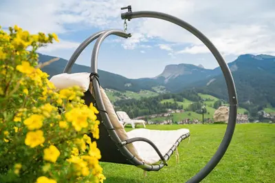 a swing in a field with mountains in the background at Hotel Ronce in Ortisei