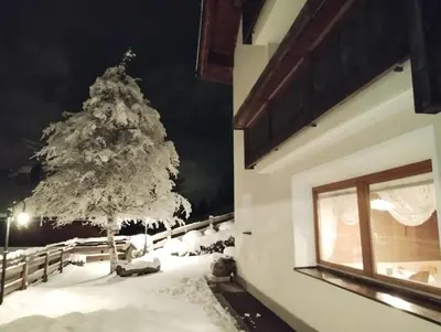 a christmas tree in the snow next to a building at Villa Luise in Ortisei