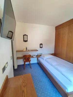 a bedroom with a large bed and a desk at Villa Luise in Ortisei