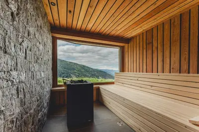 a sauna with a large window with a view at Gasthof Videgg in Schenna