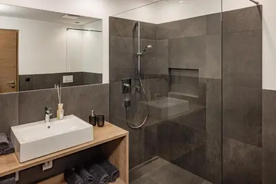 a bathroom with a sink and a shower at Sweet Dolomiti Sonneck in Maranza