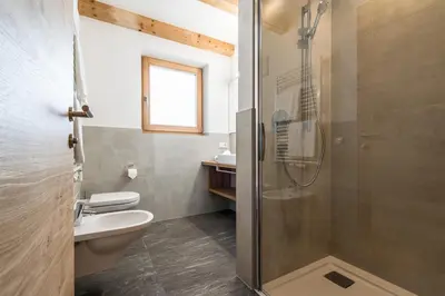 a bathroom with a shower and a toilet and a sink at Rauchenbichlerhof in Brunico