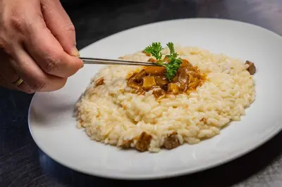 a person eating rice on a white plate at Viridis Hotel in Revò