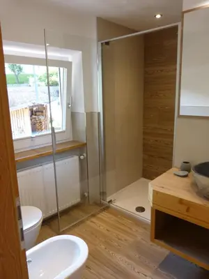 a bathroom with a shower and a toilet and a sink at Cesa Paula in Selva di Val Gardena