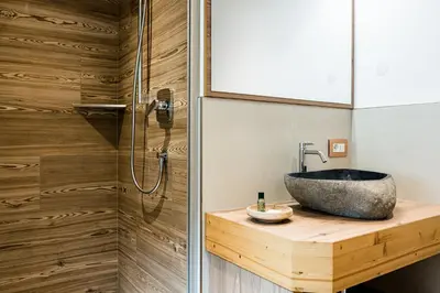 a bathroom with a sink and a shower at Cesa Paula in Selva di Val Gardena