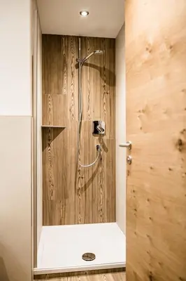 a shower in a bathroom with a wooden wall at Cesa Paula in Selva di Val Gardena