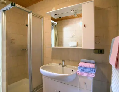 a bathroom with a sink and a shower at Residence A Val in San Cassiano