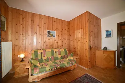 a living room with a couch in a wooden wall at Il cirmolo in Vigo di Fassa