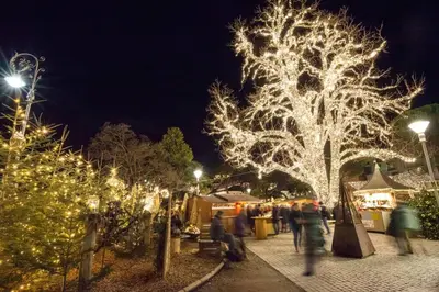a group of people walking past a christmas tree with lights at Casa Al Duomo-Nel cuore storico di Merano in Merano