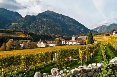 a village in a vineyard with mountains in the background at Hotel Brückenwirt in Novacella