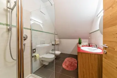 a bathroom with a shower and a toilet and a sink at Hotel Brückenwirt in Novacella