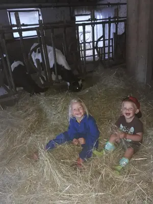 two children sitting on hay in a barn with cows at Felderhof in Maranza