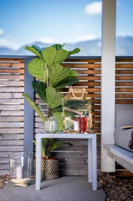 a table with a mirror and a plant on a balcony at Hotel Frangart an der Weinstraße in Appiano sulla Strada del Vino