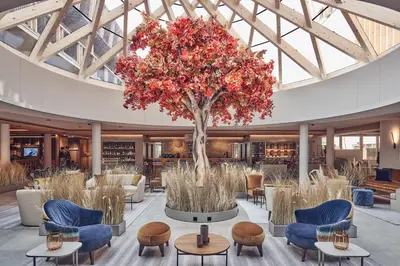 a large tree in the middle of a lobby at Falkensteiner Hotel Kronplatz - The Leading Hotels of the World in Brunico