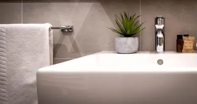 a bathroom with a white sink with a plant on it at Casteller Apartment Deluxe in La Villa