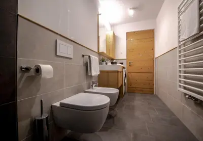 a bathroom with a toilet and a sink at Casteller Apartment Deluxe in La Villa