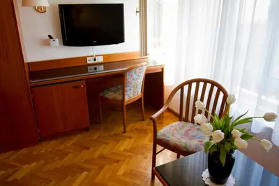 a living room with a television and a table and chairs at Hotel Adria in Bolzano