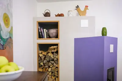 a refrigerator in a kitchen with a shelf with fire wood at LA PITA AGORDINA in Cancellade