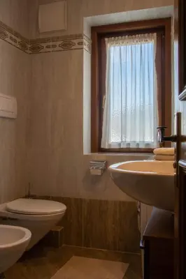 a bathroom with a toilet and a sink and a window at Apartments Ciasa Colz in La Villa