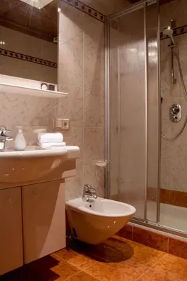a bathroom with a sink and a shower at Apartments Ciasa Colz in La Villa