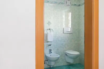 a bathroom with a toilet and a sink at Apartments Puntin in San Cassiano