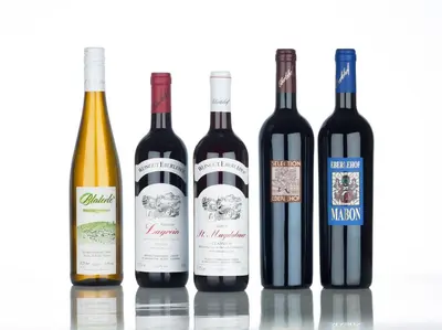 a group of four bottles of red wine at Weingut Eberlehof in Bolzano