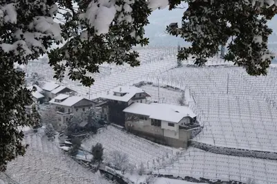 an aerial view of a house covered in snow at Weingut Eberlehof in Bolzano