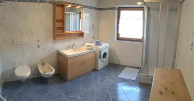 a bathroom with a sink and a washing machine at Weingut Eberlehof in Bolzano