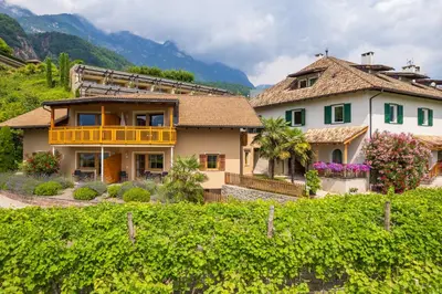 a house with a balcony in a vineyard at Weinhof am See in Caldaro