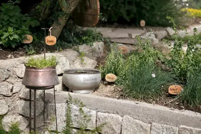 a garden with a planter and some plants at Perlhof in Schenna