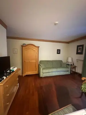 a living room with a green couch and wooden floors at Appartamenti Astoria La Villa in La Villa