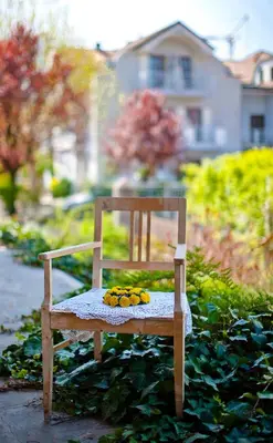 a wooden chair with a plate of fruit on it at Ferienwohnungen Trogerhof in Ora/Auer