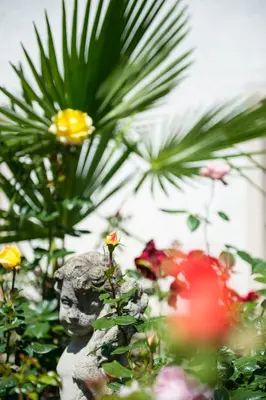a statue in a garden with flowers in the background at Pension Stamserhof in Nalles