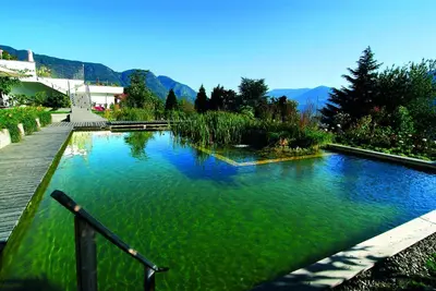 a pool of emerald green water in a garden at Marini's giardino Hotel in Tirolo