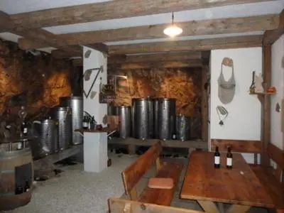 a kitchen with a table and some wine barrels at Finkenhof: Ferienwohungen - Urlaub auf dem Bauernhof in Termeno