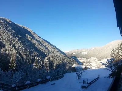 a view of a snow covered mountain with trees at Haus Christian in Nova Levante