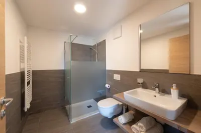 a bathroom with a sink and a toilet and a mirror at Beim Sarner in Caldaro