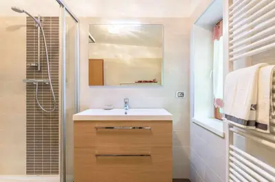 a bathroom with a sink and a shower with a mirror at Al Faggio Ponciach Altavalle OSPITAR in Sover
