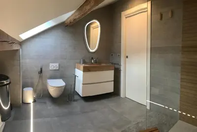 a bathroom with a sink and a toilet and a mirror at The Bijoux - Dolomites in Agordo