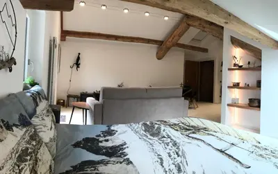 a bedroom with a bed and a living room at The Bijoux - Dolomites in Agordo