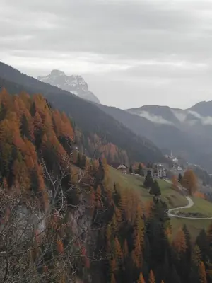 a view of a valley with trees and a mountain at Cherz Romantic House in Arabba