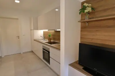 a small kitchen with a sink and a television at Glögglhof in Lana