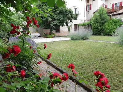 a garden with red flowers in a yard at Casa Bolego in Cagnò