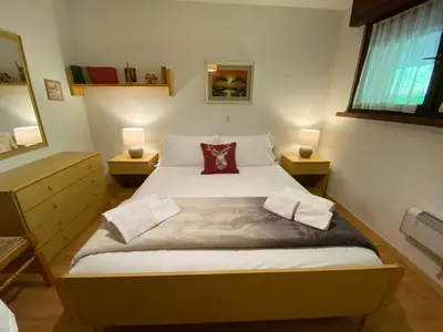 a bedroom with a bed with two night stands and two lamps at Dolomiti Terrace Cavalese in Cavalese