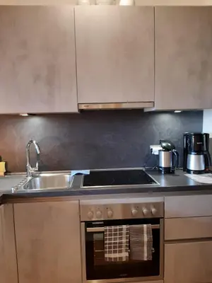 a kitchen with a stove top oven and a sink at Appartement Pienzenau in Merano