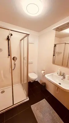 a bathroom with a shower and a toilet and a sink at Appartement Nadia in Bressanone