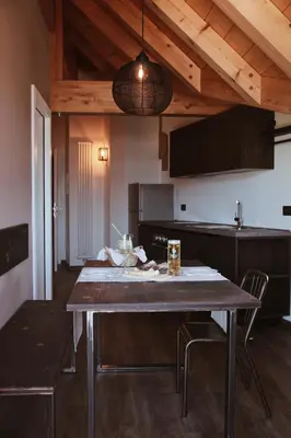 a kitchen with a table and chairs in a room at SAN ROMEDIO Agriturismo in Romeno