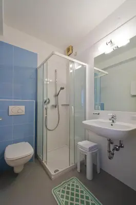 a bathroom with a shower and a sink and a toilet at Hotel & Residenz Traubenheim in Nalles
