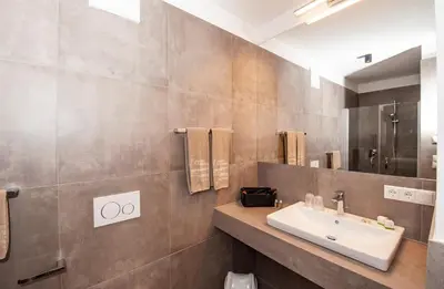 a bathroom with a sink and a mirror at Modern Living by Nalserhof in Nalles