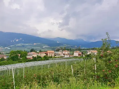 a view of a town from a hill with a fence at Agritur Fiore in Fondo